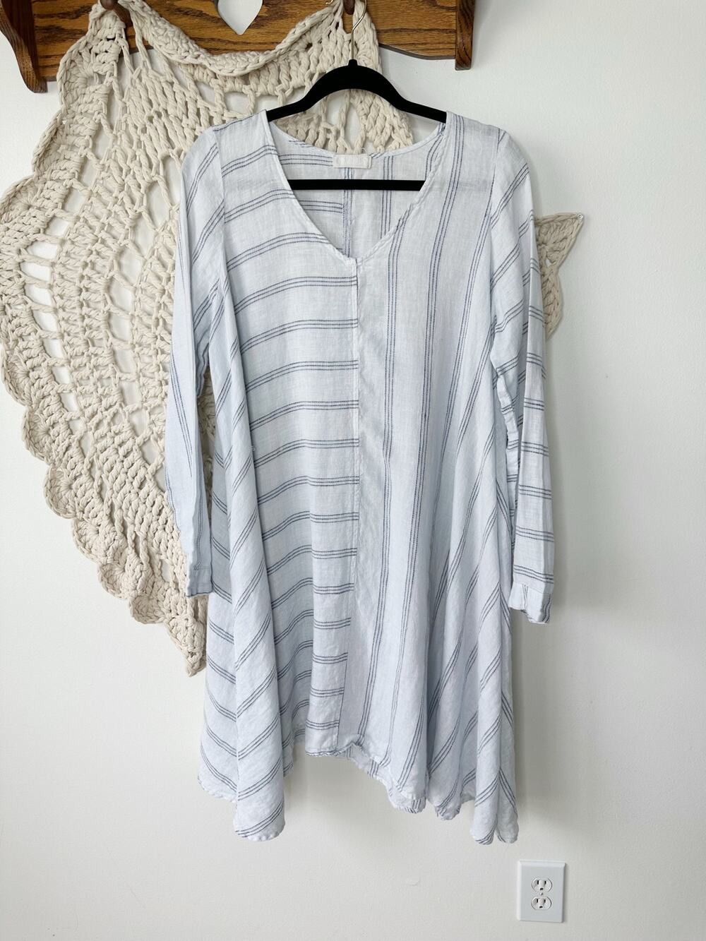 CP Shades Linen Blue Striped Asymmetric Tunic Dress Size Small
